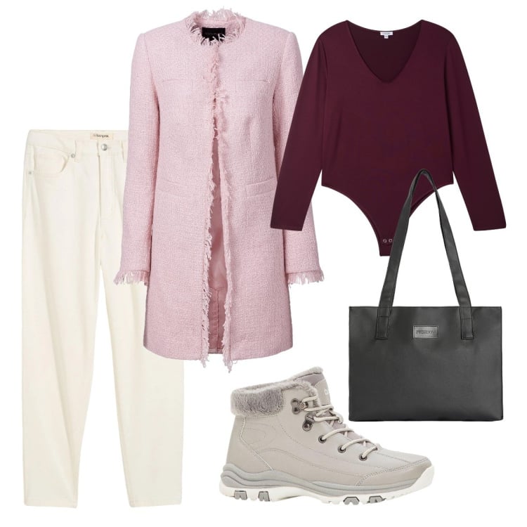 Outfit donna - Spring style. Stile Sporty chic per Ufficio. Abbinamento con blazer, jeans mom, stivaletti, body, shopping bag.