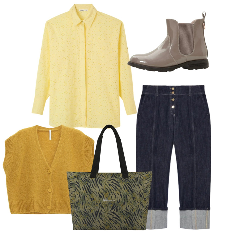 Outfit donna - Total look. Stile Casual per Tutti i giorni. Abbinamento con stivaletti chelsea, camicie, cardigans, jeans, shopping bag.