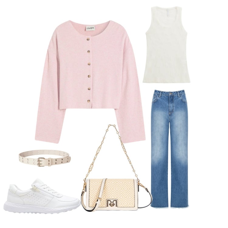 Outfit donna - Sinfonia di Pastelli. Stile Glamour per Tutti i giorni. Abbinamento con cardigans, sneakers, cinture, jeans dritti, borse a tracolla, canottiere.