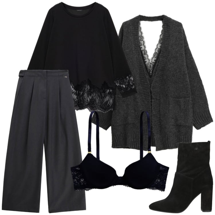 Outfit donna - Pizzo nero. Stile Romantica per Tutti i giorni. Abbinamento con stivaletti, bluse, reggiseni, cardigans, pantaloni a palazzo.
