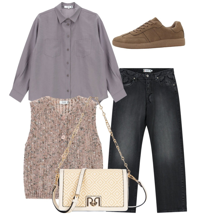 Outfit donna - Total basic. Stile Basic per Tutti i giorni. Abbinamento con sneakers, gilet, camicie, jeans dritti, borse a tracolla.