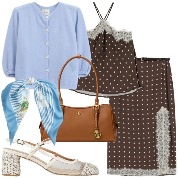 Outfit donna - Un cardigan a febbraio. Stile Chic per Tutti i giorni. Abbinamento con décolleté, gonne lunghe, canottiere, cardigans, borse a mano, foulard.