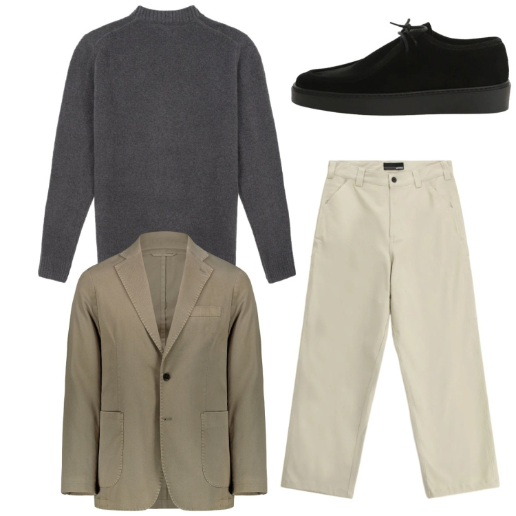 Outfit uomo - Total look. Stile Casual per Tutti i giorni. Abbinamento con pantaloni, scarpe stringate, giacche, maglieria.