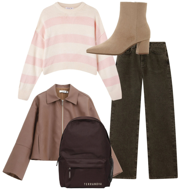 Outfit donna - Colori tenui. Stile Bon Ton per Tutti i giorni. Abbinamento con stivaletti, zaini, maglieria, jeans dritti, blazer.