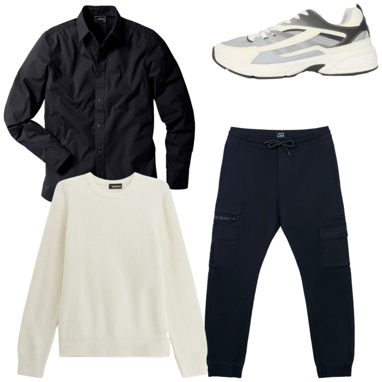 Outfit uomo - Total look. Stile Casual per Tutti i giorni. Abbinamento con camicie, pantaloni cargo, sneakers, maglieria.