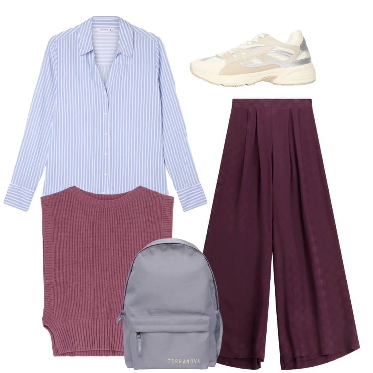 Outfit donna - Basic day. Stile Basic per Tutti i giorni. Abbinamento con sneakers, zaini, camicie, maglieria, pantaloni a palazzo.