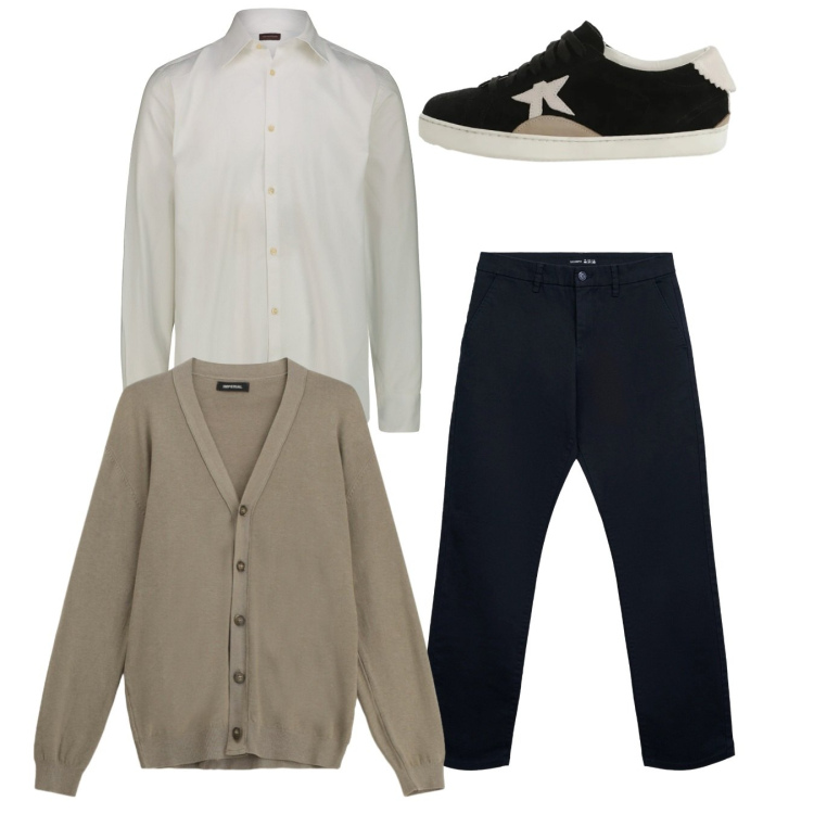 Outfit uomo - Total look. Stile Casual per Tutti i giorni. Abbinamento con pantaloni chino, cardigans, sneakers, camicie.