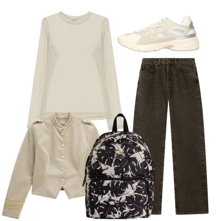 Outfit donna - Total look. Stile Casual per Tutti i giorni. Abbinamento con sneakers, jeans dritti, t-shirt, blazer, zaini.