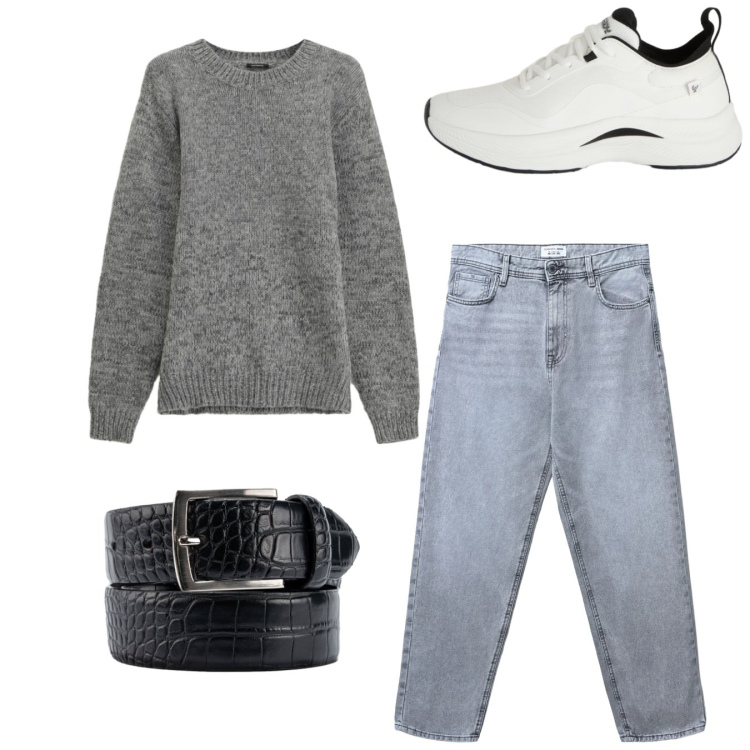 Outfit uomo - Total look. Stile Casual per Tutti i giorni. Abbinamento con maglieria, jeans, sneakers, cinture.