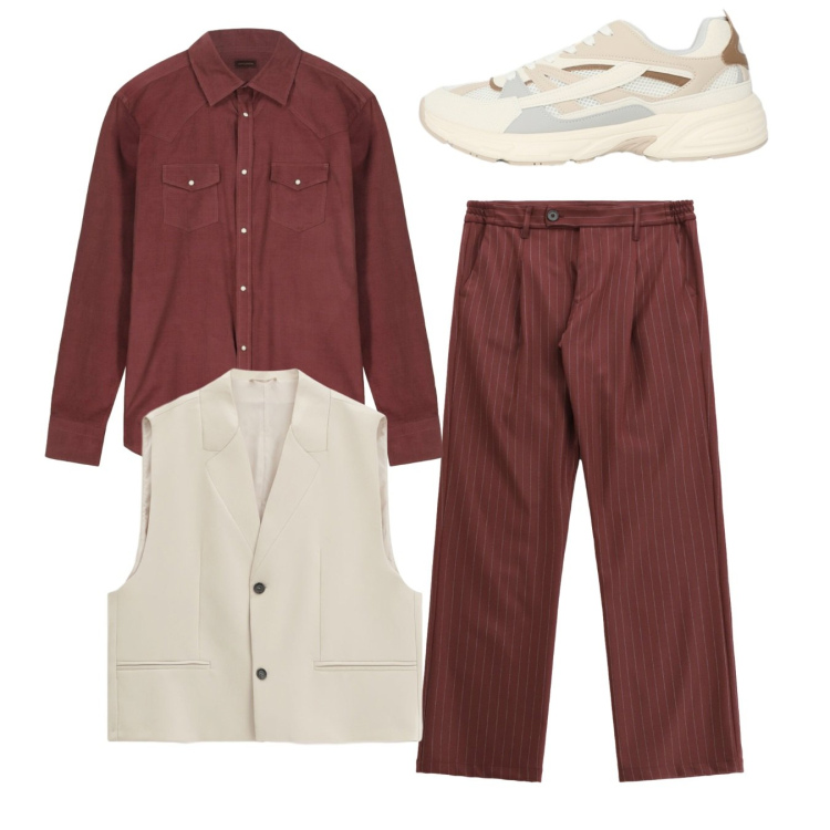 Outfit uomo - Total look. Stile Casual per Tutti i giorni. Abbinamento con sneakers, pantaloni, gilet, camicie.