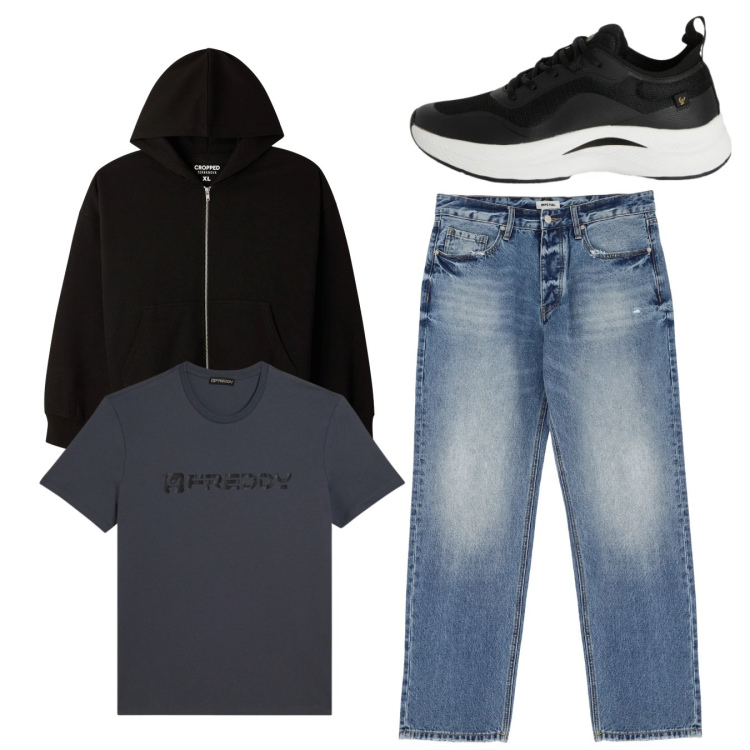 Outfit uomo - Total look. Stile Casual per Tutti i giorni. Abbinamento con felpe con cappuccio, jeans, t-shirt, sneakers.