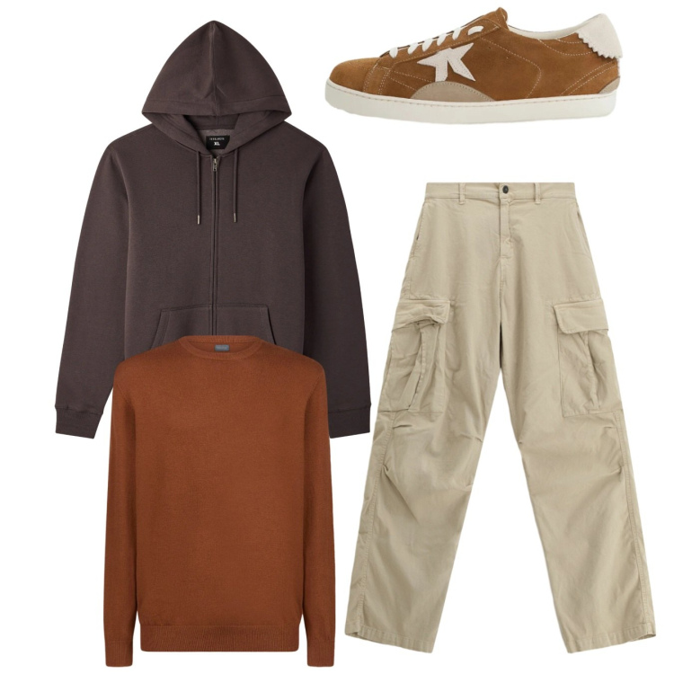 Outfit uomo - Total look. Stile Casual per Tutti i giorni. Abbinamento con pantaloni cargo, sneakers, felpe con cappuccio, maglieria.
