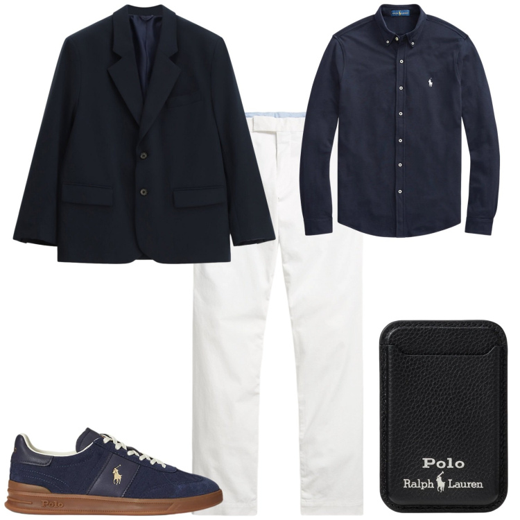 Outfit uomo - Trendy ufficio week end. Stile Trendy per Ufficio. Abbinamento con giacche, camicie, pantaloni chino, sneakers, portafogli.