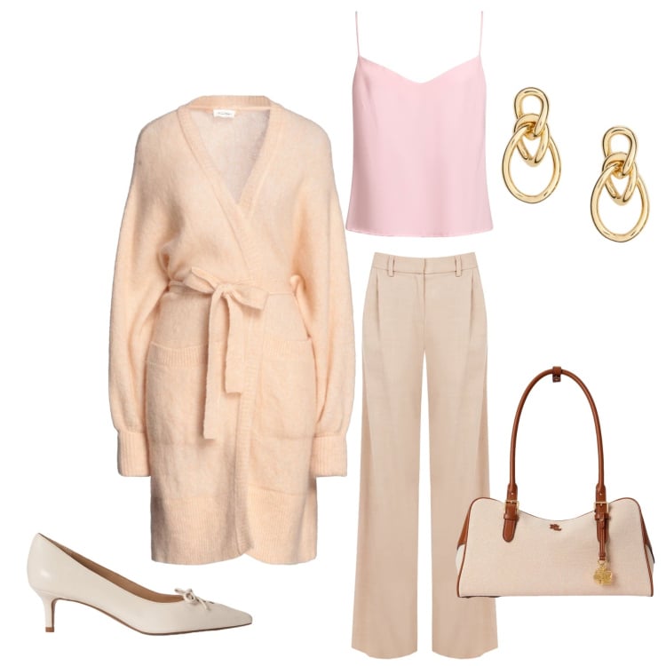Outfit donna - Carezza d’Inverno in Rosa Cipria. Stile Glamour per Tutti i giorni. Abbinamento con cardigans, top, pantaloni a palazzo, décolleté, orecchini, borse a mano.