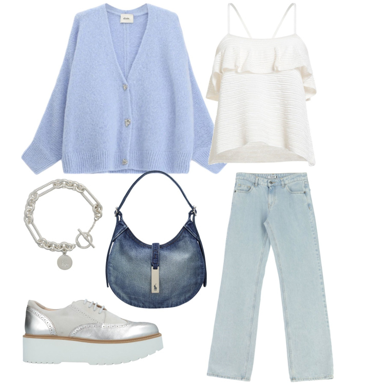 Outfit donna - Luce di Lavanda e Riflessi d’Argento. Stile Romantica per Tutti i giorni. Abbinamento con scarpe stringate, top, cardigans, jeans dritti, braccialetti, borse a spalla.