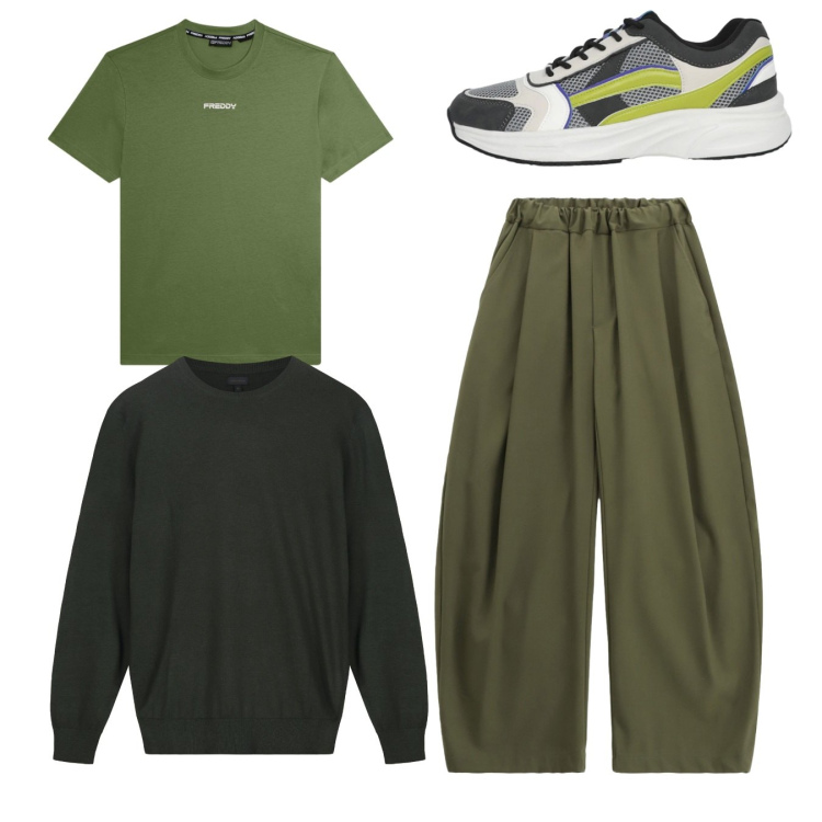 Outfit uomo - Total look. Stile Trendy per Tutti i giorni. Abbinamento con sneakers, pantaloni, t-shirt, maglieria.