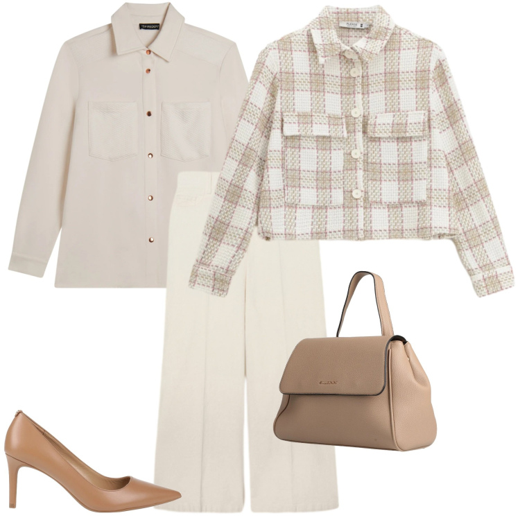 Outfit donna - Eleganza quotidiana. Stile Casual chic per Tutti i giorni. Abbinamento con zaini, décolleté, pantaloni chino, camicie, cappotti.