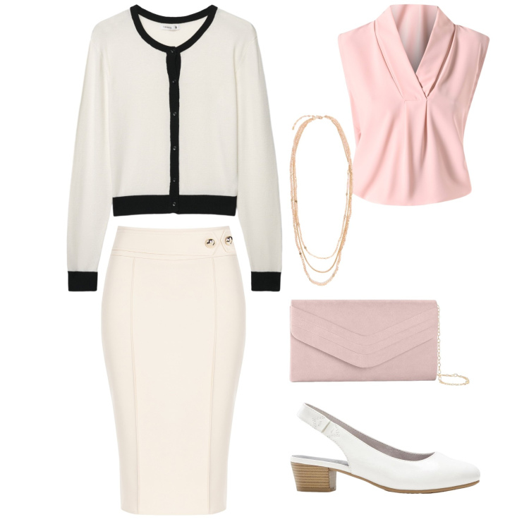 Outfit donna - Eleganza Parigina tra Cipria e Panna. Stile Glamour per Tutti i giorni. Abbinamento con pochette, décolleté, cardigans, collane, bluse, gonne longuette.