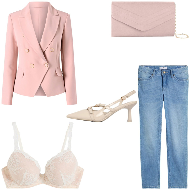 Outfit donna - Aspettando la primavera. Stile Romantica per Tutti i giorni. Abbinamento con jeans, pochette, reggiseni, décolleté, blazer.