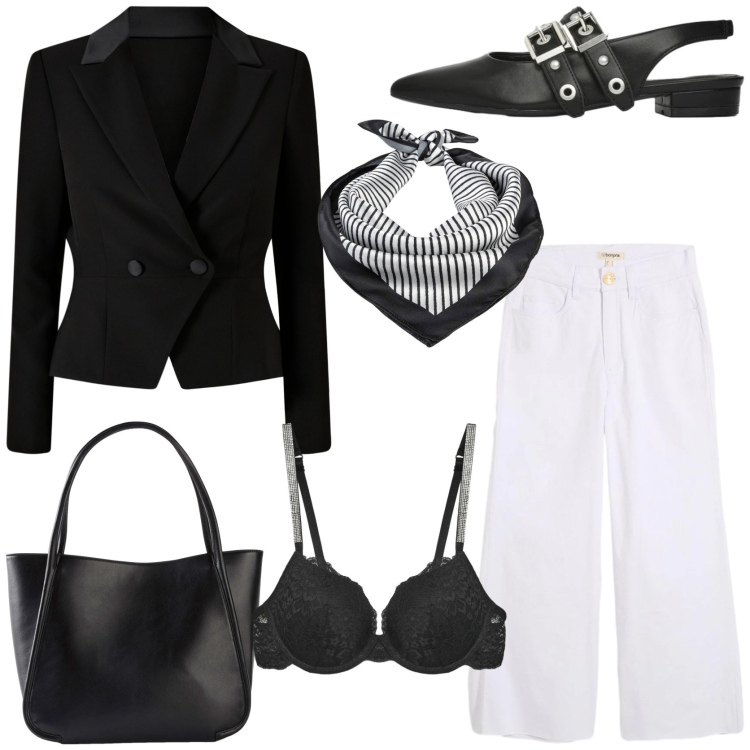 Outfit donna - Super chic e femminile. Stile Chic per Tutti i giorni. Abbinamento con foulard, jeans, shopping bag, reggiseni a balconcino, ballerine, blazer.