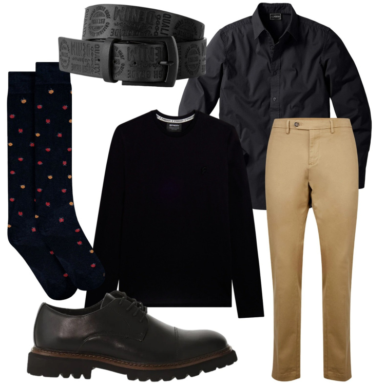 Outfit uomo - Nero e beige. Stile Urban per Tutti i giorni. Abbinamento con camicie, cinture, scarpe stringate, t-shirt, pantaloni chino, calzini.