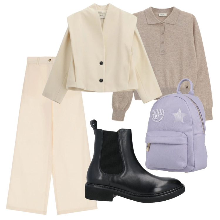 Outfit donna - Eleganza quotidiana. Stile Minimal per Scuola/Università. Abbinamento con stivaletti chelsea, zaini, blazer, pantaloni, pullovers.