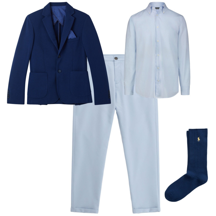 Outfit uomo - Business elegante in blu azzurro. Stile Business/Elegante per Ufficio. Abbinamento con sneakers, pantaloni, giacche, calzini, camicie.