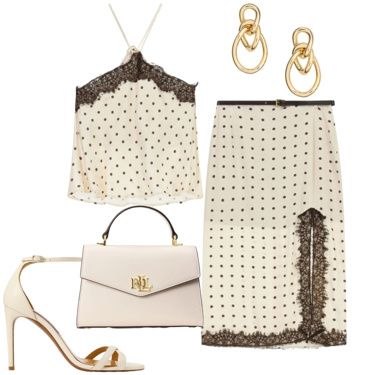 Outfit donna - Imperial. Stile Urban per Tutti i giorni. Abbinamento con gonne lunghe, top, orecchini, borse a mano, sandali col tacco.