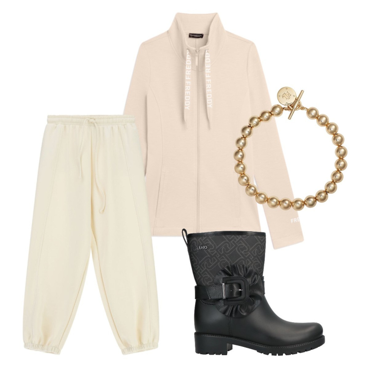 Outfit donna - Tonalità cipria e polverose. Stile Sporty chic per Tutti i giorni. Abbinamento con stivaletti, pantaloni sportivi, felpe, braccialetti.