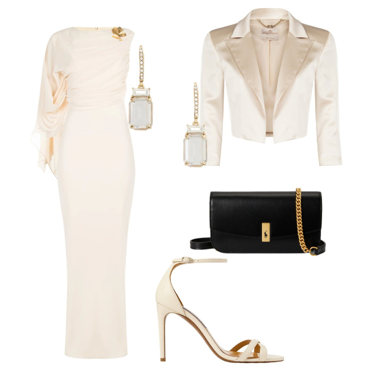 Outfit donna - Cerimonia. Stile Chic per Cerimonia. Abbinamento con vestiti lunghi, bolero, clutch, orecchini, sandali col tacco.