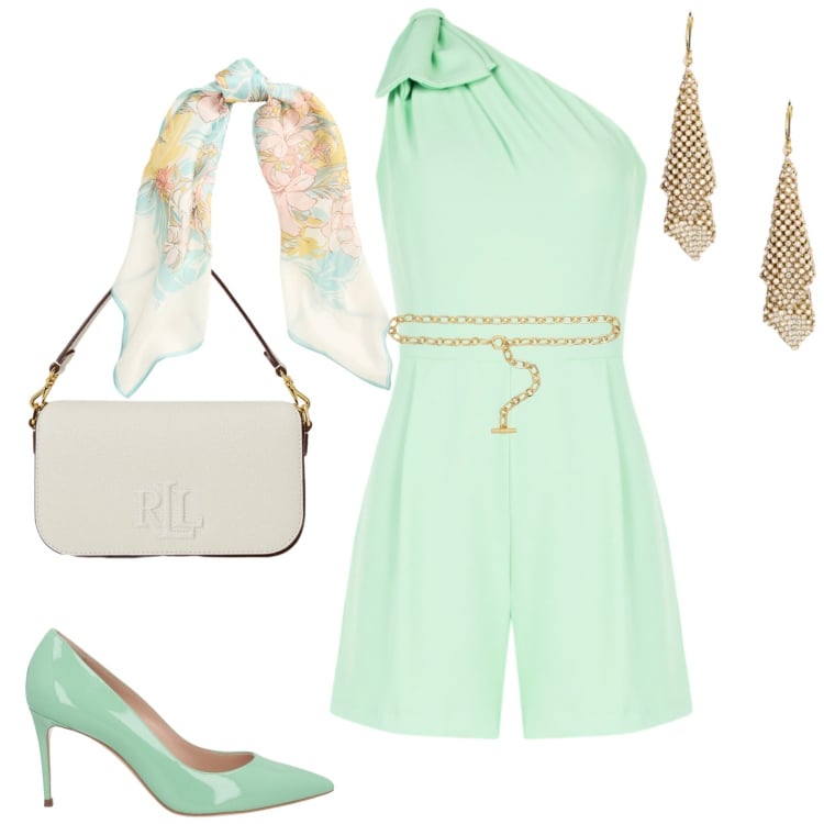 Outfit donna - Spring. Stile Trendy per Serata fuori. Abbinamento con décolleté, tuta corta, cinture, orecchini, borse a spalla, foulard.