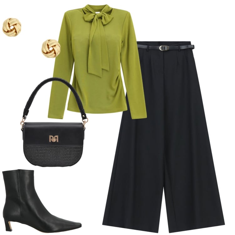 Outfit donna - City. Stile Urban per Tutti i giorni. Abbinamento con stivaletti, borse a spalla, pantaloni a palazzo, orecchini, maglieria.