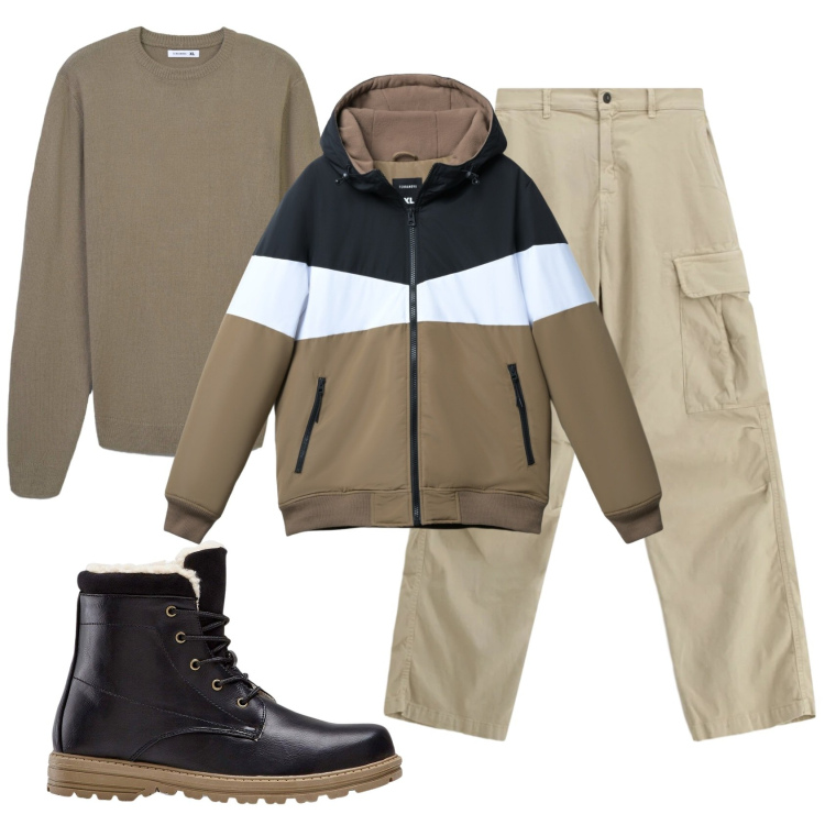 Outfit uomo - Total look #2343513. Stile Casual per Ufficio. Abbinamento con stivali e stivaletti, piumini, maglieria, pantaloni cargo.