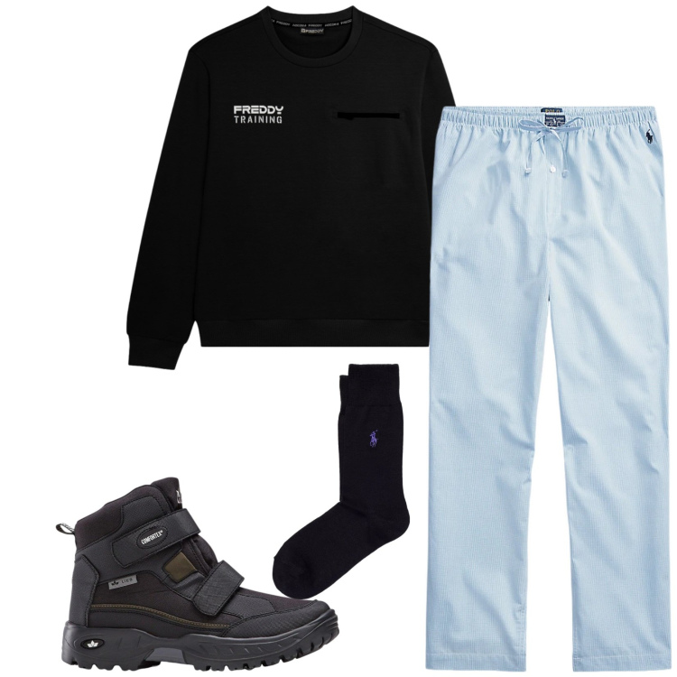 Outfit uomo - Total look #2343516. Stile Trendy per Tutti i giorni. Abbinamento con stivali e stivaletti, felpe, pantaloni, calzini.