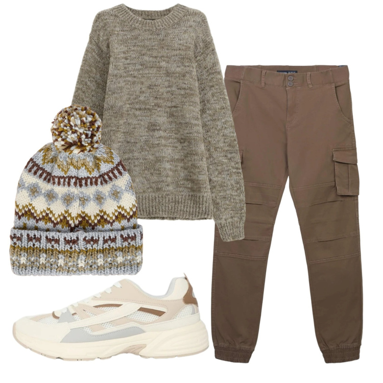 Outfit uomo - Total look #2343519. Stile Casual per Tutti i giorni. Abbinamento con maglieria, pantaloni cargo, sneakers, berretti.