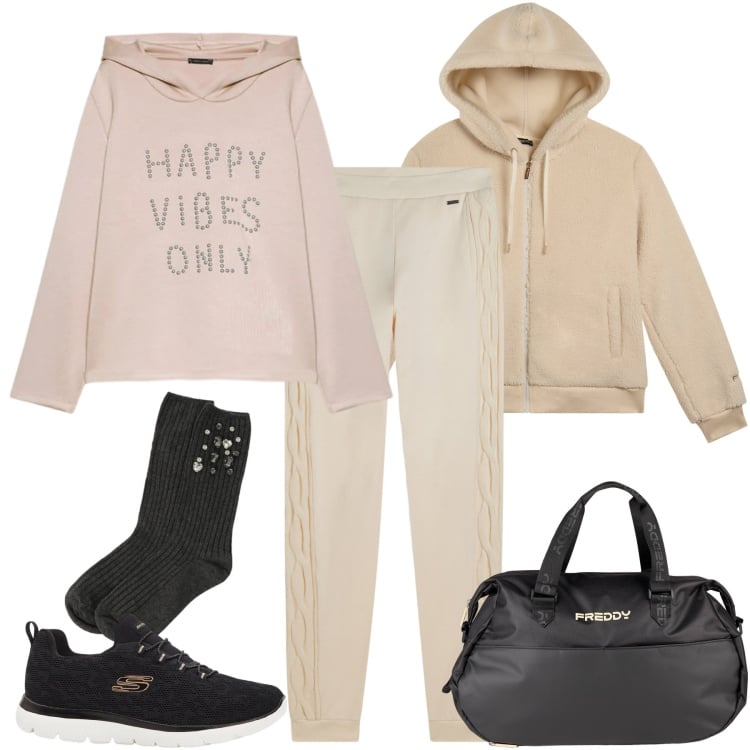 Outfit donna - Happy vibes only. Stile Sporty chic per Sport. Abbinamento con sneakers, felpe con cappuccio, calzini, bomber, borse sportive, pantaloni.