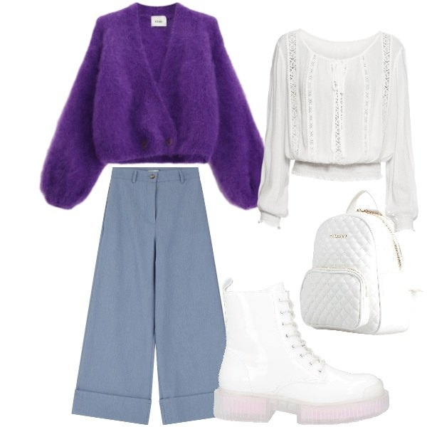 Outfit donna - bianco e viola. Stile Urban per Tutti i giorni. Abbinamento con stivaletti, zaini, bluse, pantaloni a palazzo, cardigans.