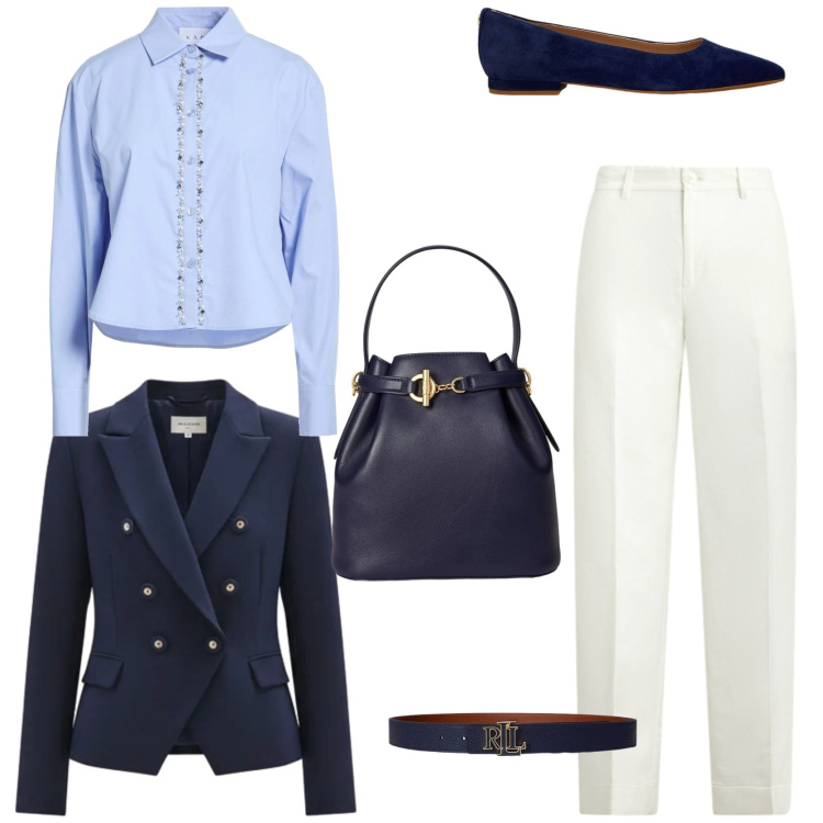 Outfit donna - Raffinata. Stile Chic per Tutti i giorni. Abbinamento con camicie, blazer, borse a secchiello, ballerine, cinture, pantaloni.