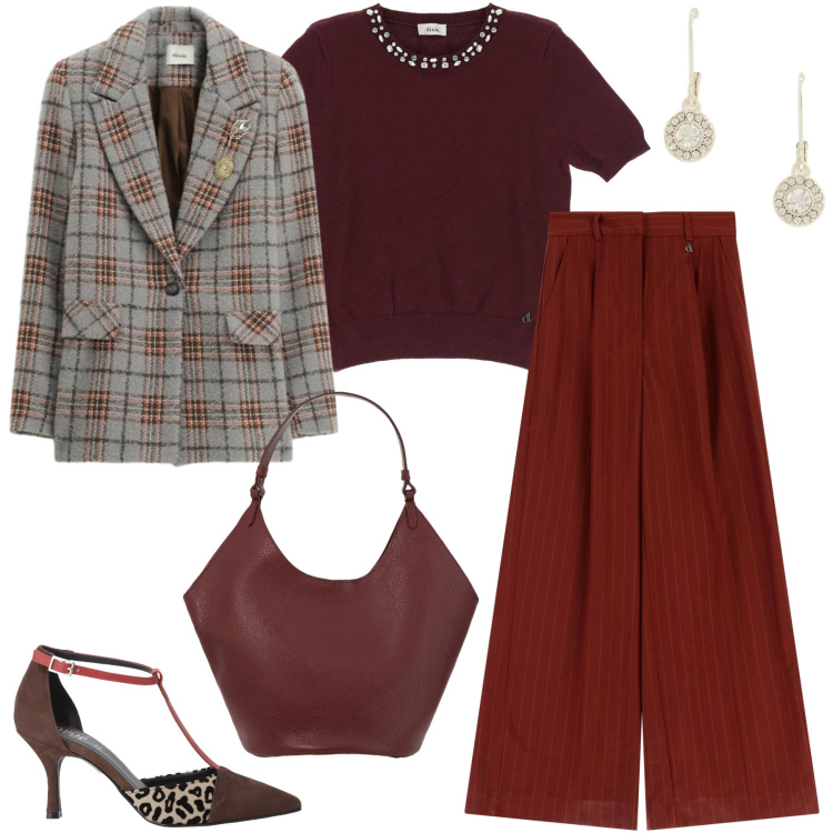 Outfit donna - Total look #2343532. Stile Urban per Ufficio. Abbinamento con pantaloni a palazzo, décolleté, borse a spalla, blazer, maglieria, orecchini.