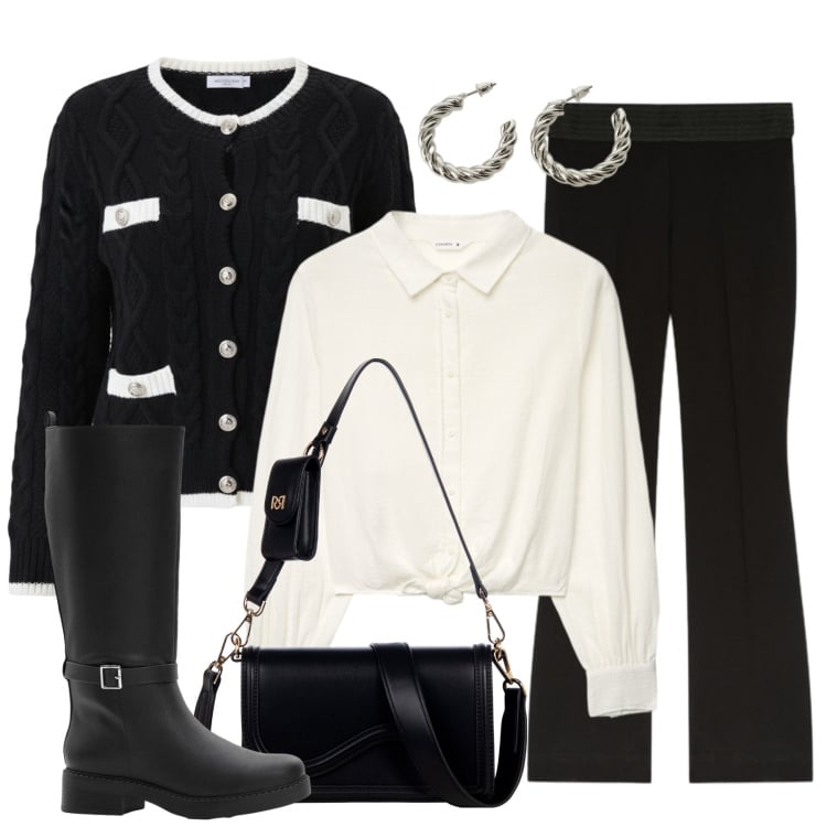 Outfit donna - Black and white. Stile Casual chic per Tutti i giorni. Abbinamento con stivali, pantaloni, camicie, orecchini, pochette, cardigans.