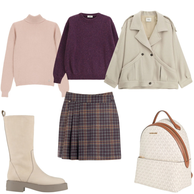 Outfit donna - Casual. Stile Casual per Tutti i giorni. Abbinamento con stivali, zaini, minigonne, blazer, maglieria, maglieria.