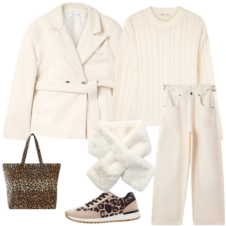 Outfit donna - Total look #2343535. Stile Casual chic per Mare. Abbinamento con sneakers, shopping bag, pantaloni, maglieria, sciarpe, blazer.