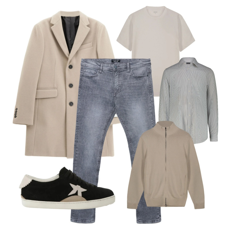 Outfit uomo - Tra l\'inverno e primavera. Stile Urban per Tutti i giorni. Abbinamento con jeans skinny, cappotti, sneakers, t-shirt, cardigans, camicie.