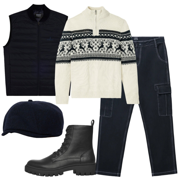 Outfit uomo - Total look #2343538. Stile Casual per Tutti i giorni. Abbinamento con maglieria, anfibi, pantaloni cargo, piumini, cappelli con visiera.