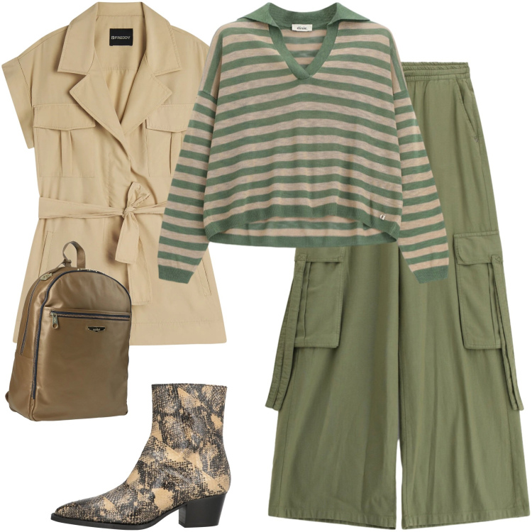 Outfit donna - Total look #2343541. Stile Casual chic Abbinamento con stivaletti texani, zaini, pantaloni cargo, maglieria, trench.