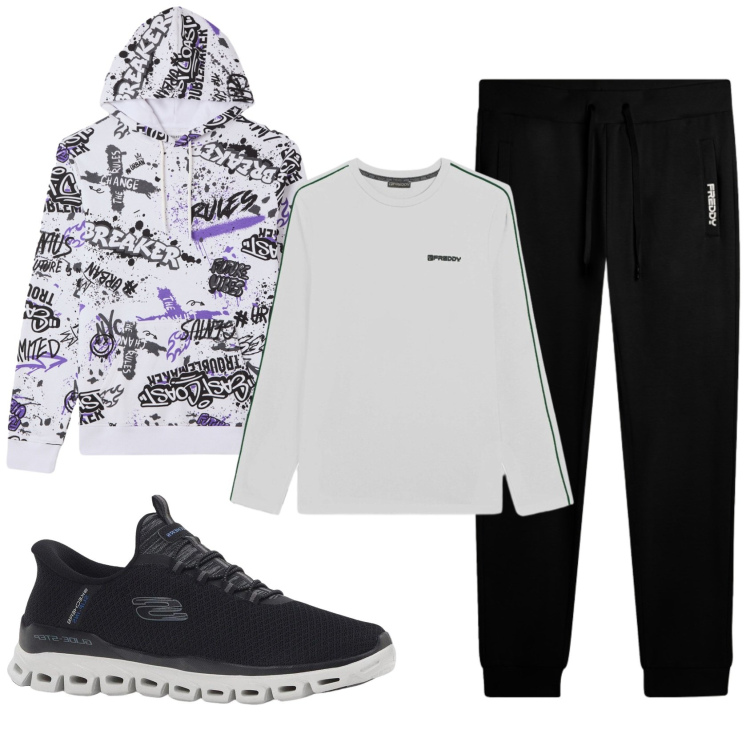 Outfit uomo - Total look #2343547. Stile Casual per Tutti i giorni. Abbinamento con sneakers, felpe con cappuccio, t-shirt, pantaloni.