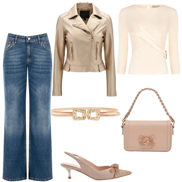Outfit donna - Il biker laminato oro. Stile Casual chic per Tutti i giorni. Abbinamento con giacche, bluse, décolleté, pochette, cinture, jeans.