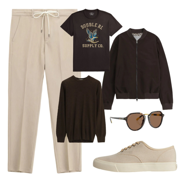 Outfit uomo - Cambio di stagione. Stile Urban per Tutti i giorni. Abbinamento con bomber, pantaloni, maglieria, sneakers, occhiali da sole, t-shirt.