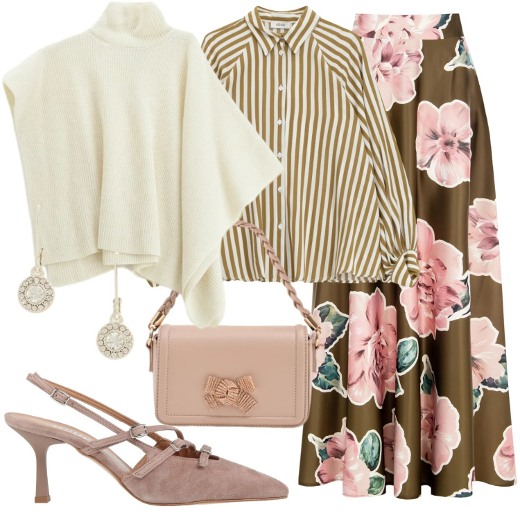 Outfit donna - Innamoramenti primaverili. Stile Bon Ton per Ufficio. Abbinamento con décolleté, maglieria, camicie, pochette, gonne lunghe, orecchini.