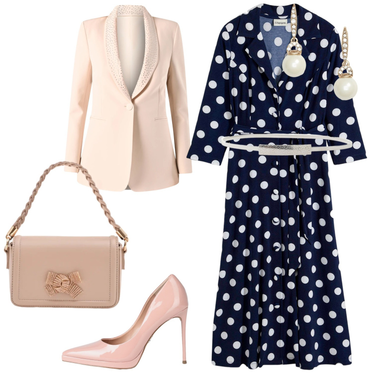 Outfit donna - Total look #2343552. Stile Casual chic per Cerimonia. Abbinamento con décolleté, vestiti chemisier, cinture, pochette, blazer, orecchini.